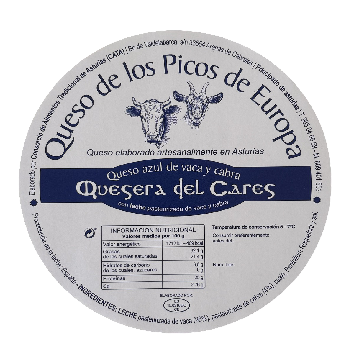 Queso azul de vaca y cabra de leche pasteurizada